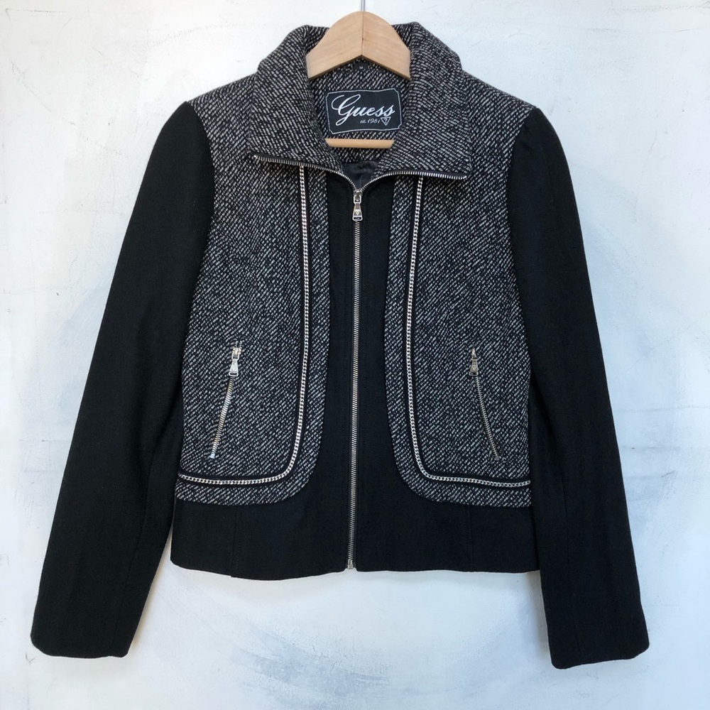 Guess Zip Up High Collar Wool Blend Coat Jacket